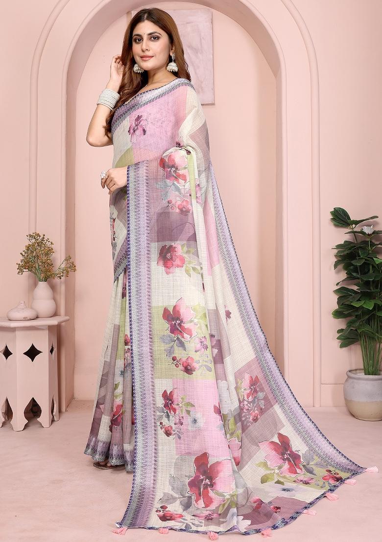 Beige Printed Linen Saree Set - Indya