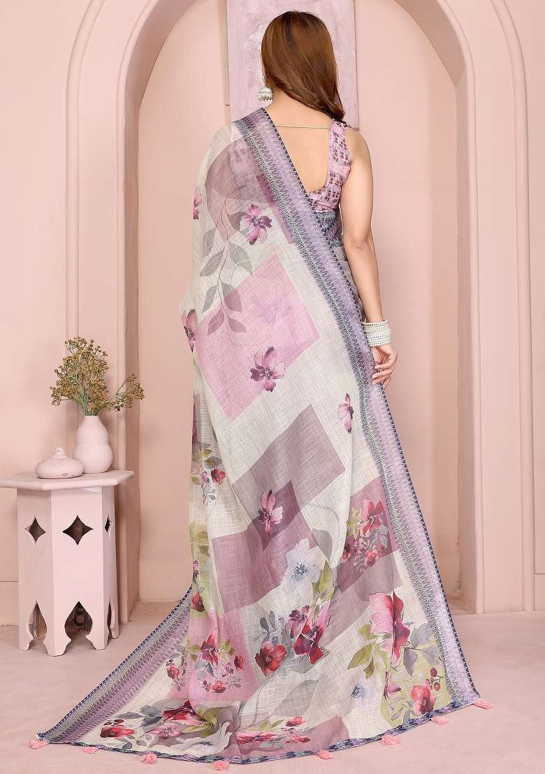 Beige Printed Linen Saree Set - Indya