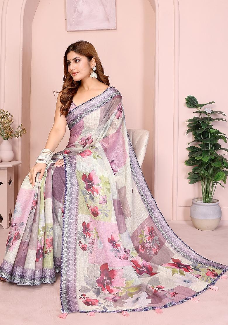 Beige Printed Linen Saree Set - Indya