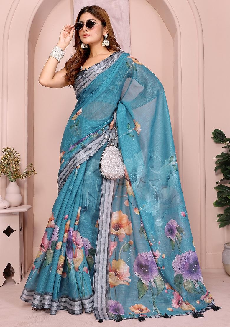 Blue Printed Linen Saree Set - Indya