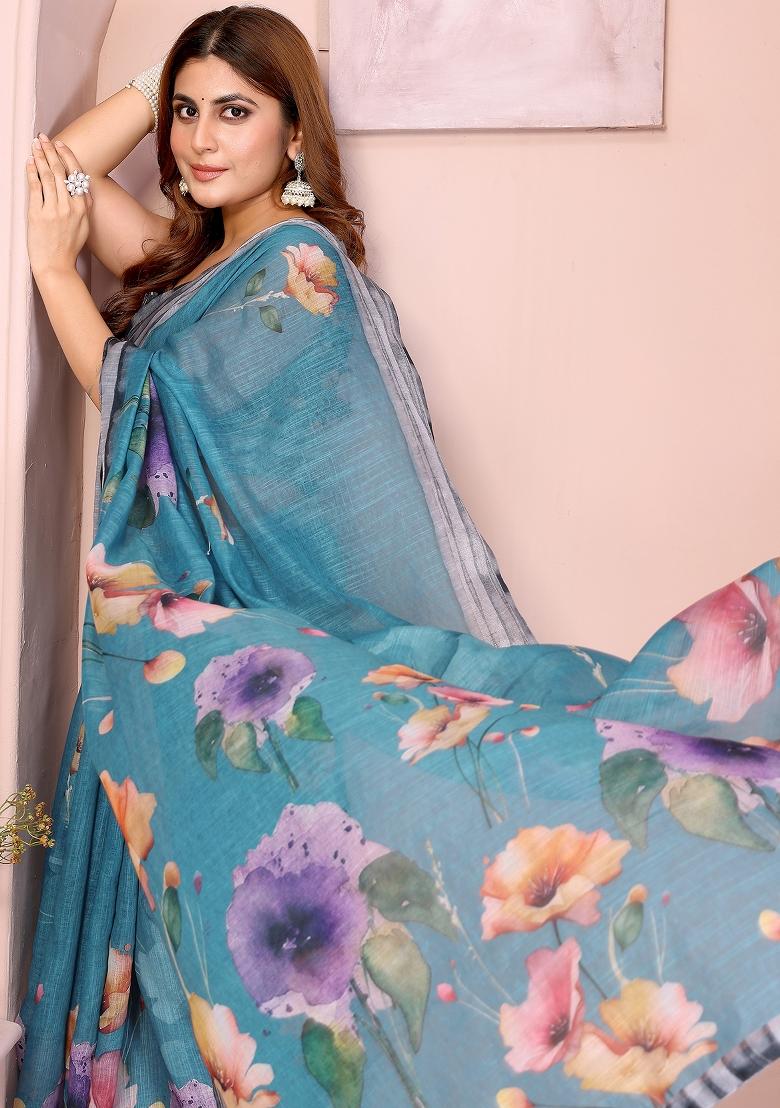 Blue Printed Linen Saree Set - Indya