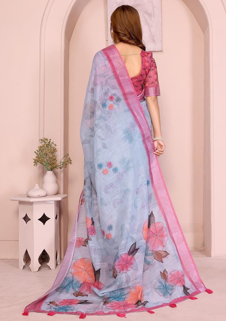 Light Sky Blue Printed Linen Saree Set - Indya