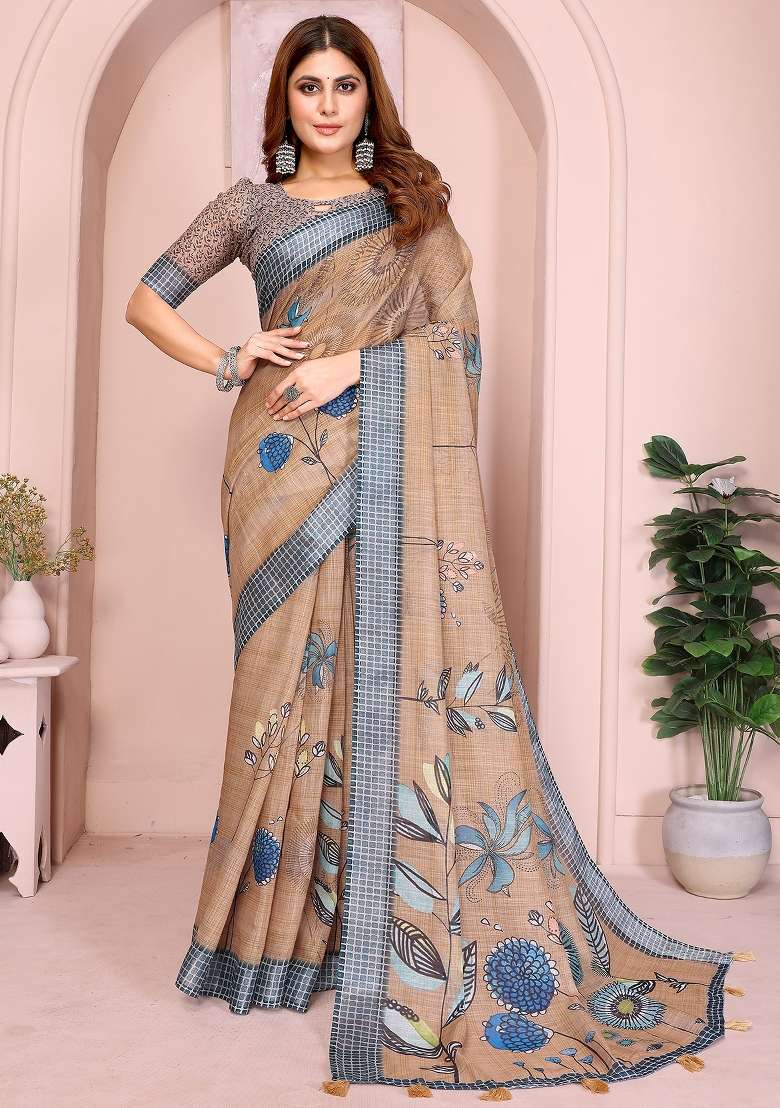 Chiku Printed Linen Saree Set - Indya