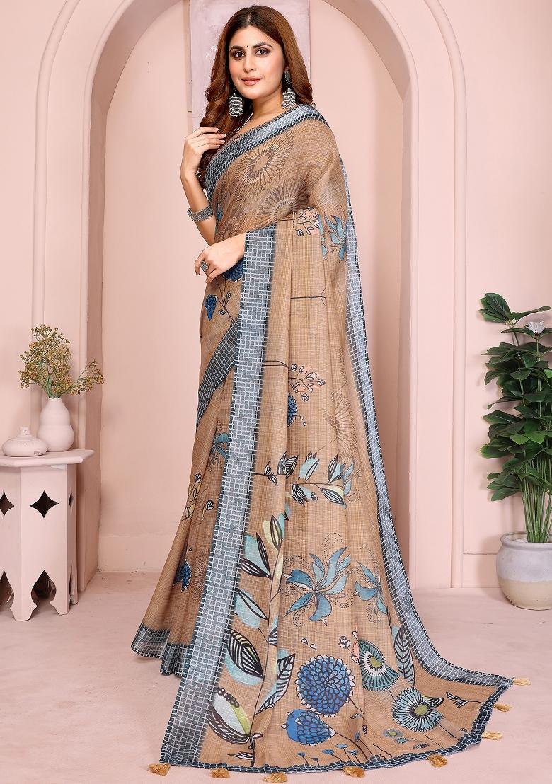 Chiku Printed Linen Saree Set - Indya