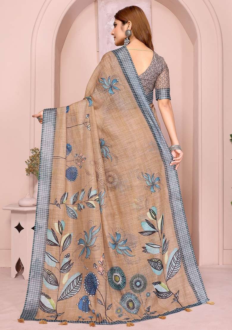 Chiku Printed Linen Saree Set - Indya