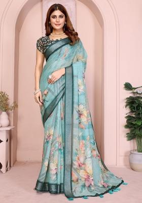 Sea Green Printed Linen Saree Set