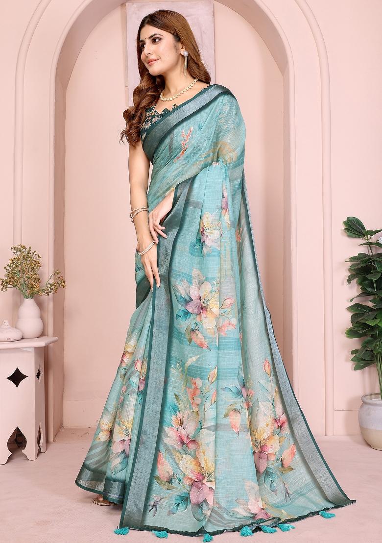 Sea Green Printed Linen Saree Set - Indya