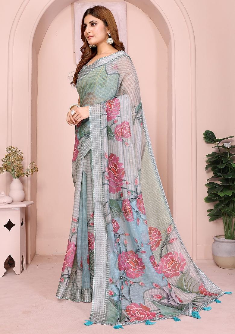 Grey Printed Linen Saree Set - Indya