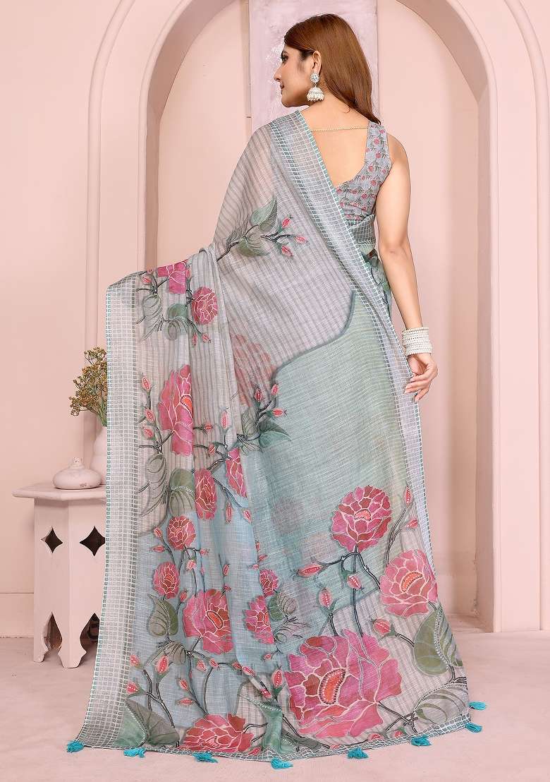 Grey Printed Linen Saree Set - Indya