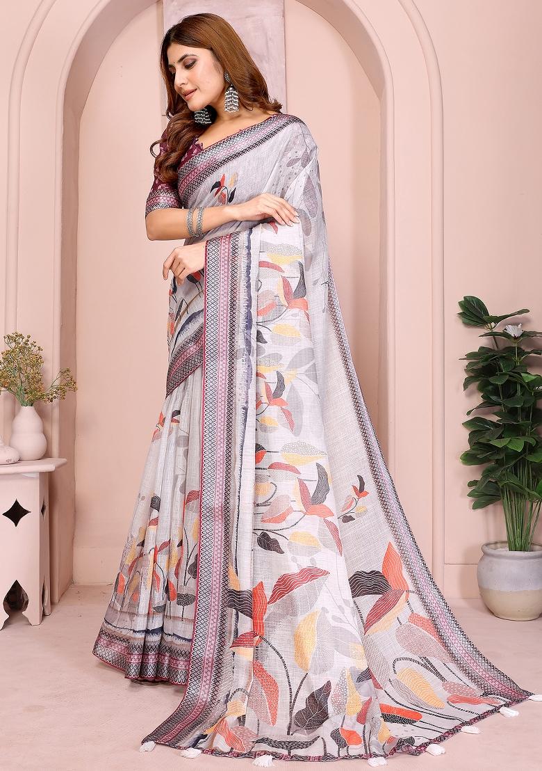 Grey Printed Linen Saree Set - Indya