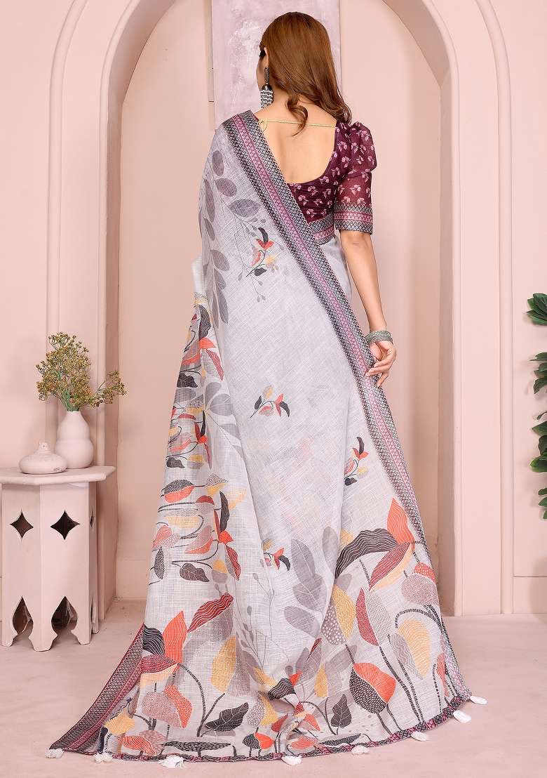 Grey Printed Linen Saree Set - Indya