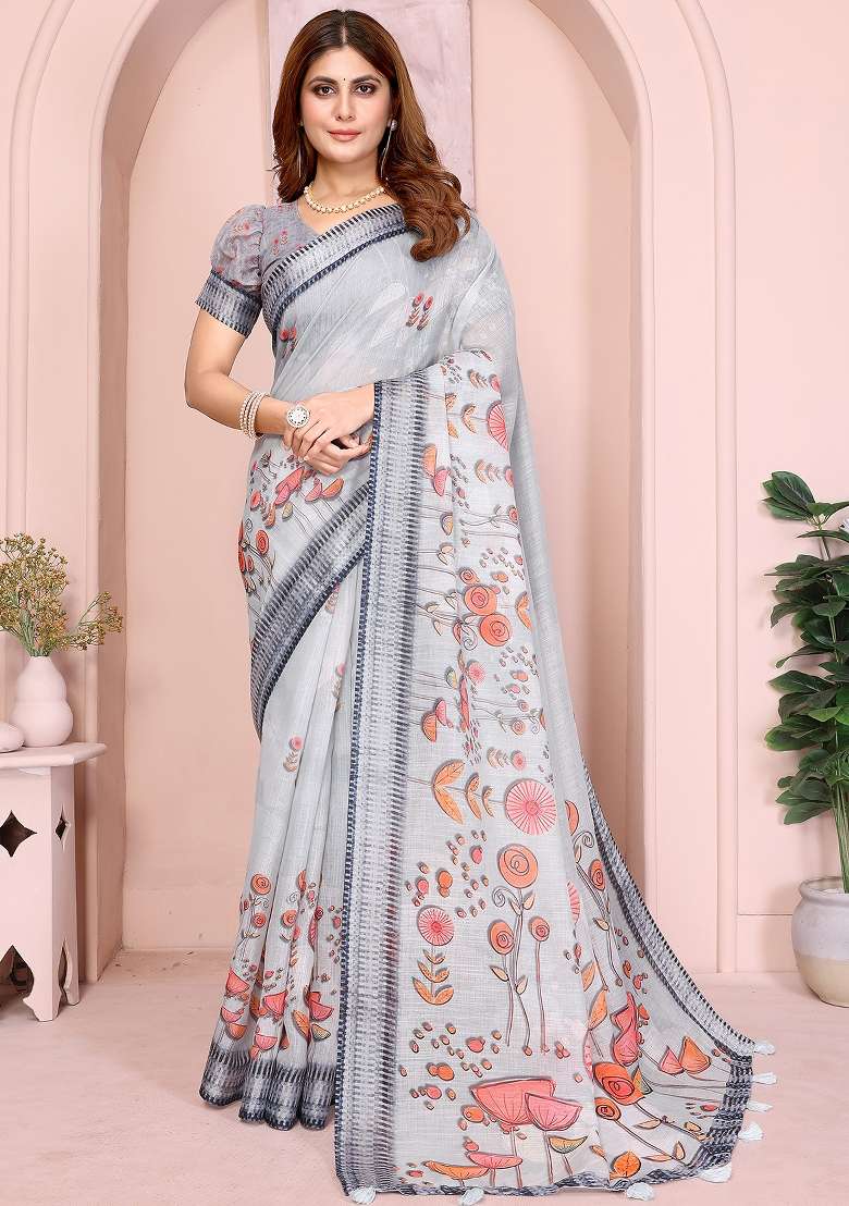 Grey Printed Linen Saree Set - Indya