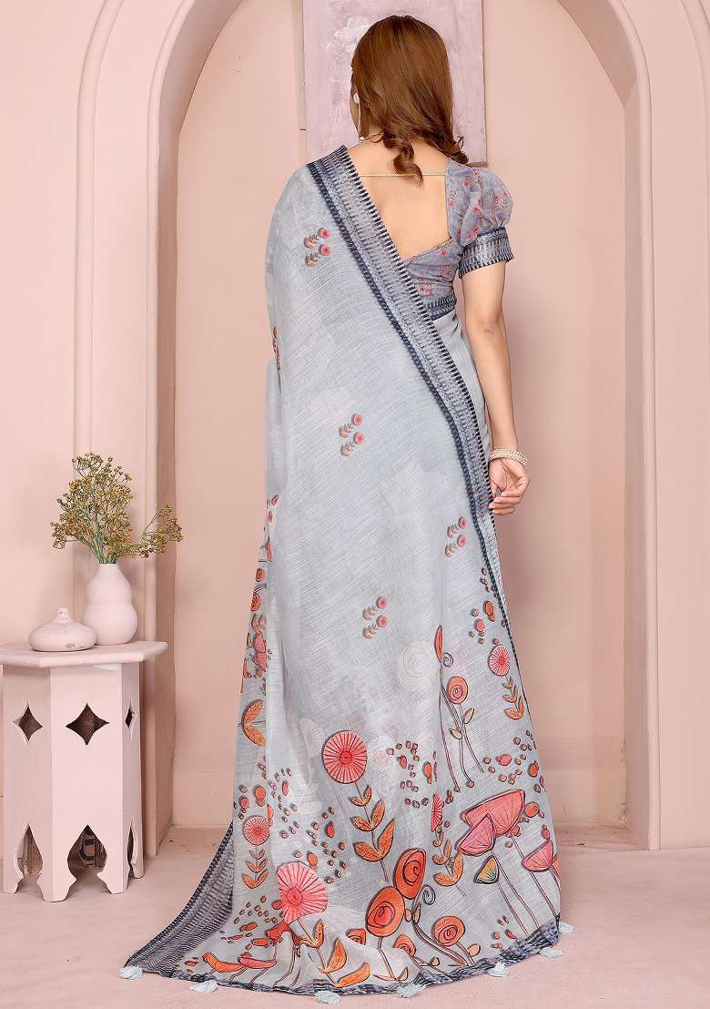Grey Printed Linen Saree Set - Indya