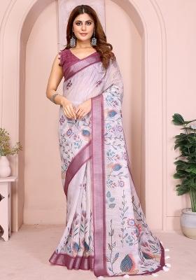 Lavender Printed Linen Saree Set
