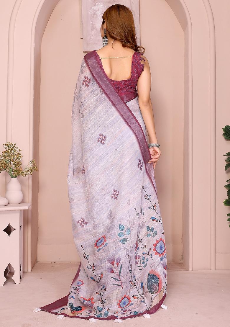 Lavender Printed Linen Saree Set