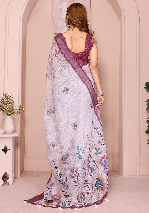 Lavender Printed Linen Saree Set