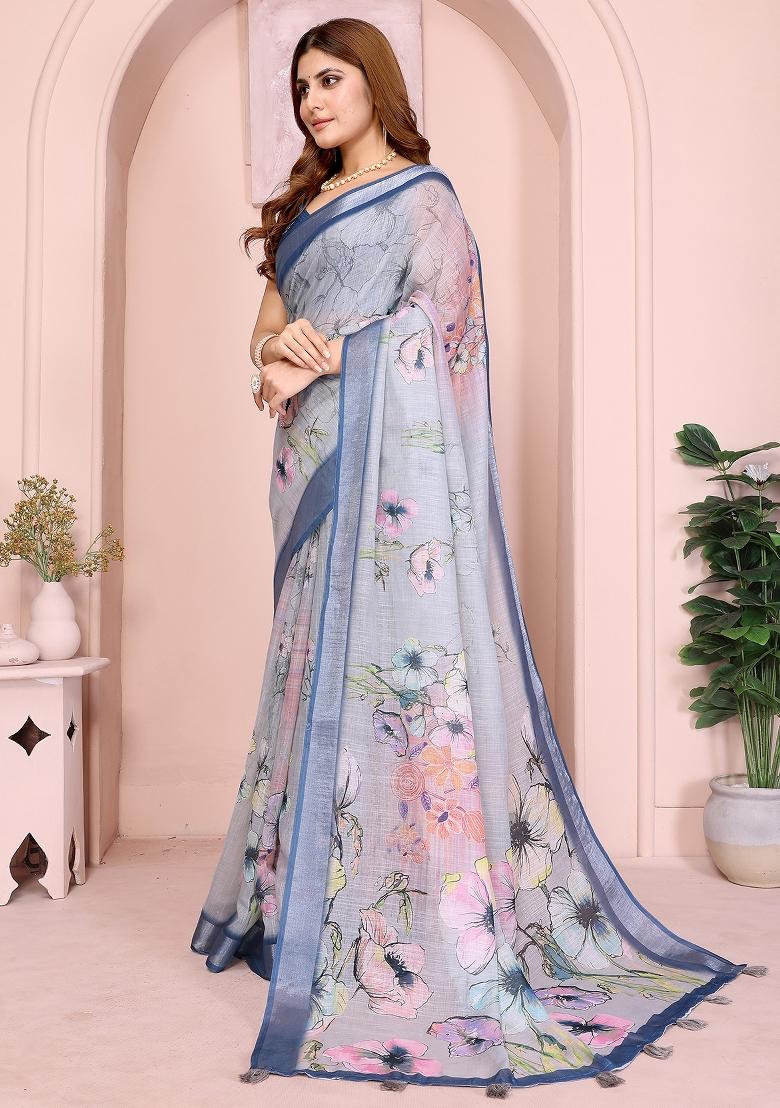 Navy Blue Printed Linen Saree Set - Indya