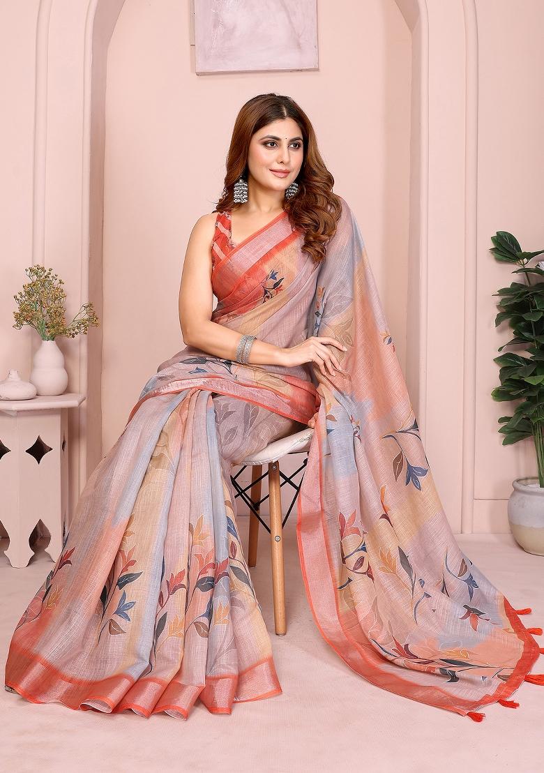 Orange Printed Linen Saree Set - Indya