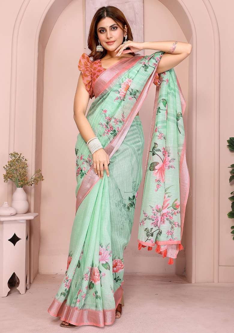 Green Printed Linen Saree Set - Indya
