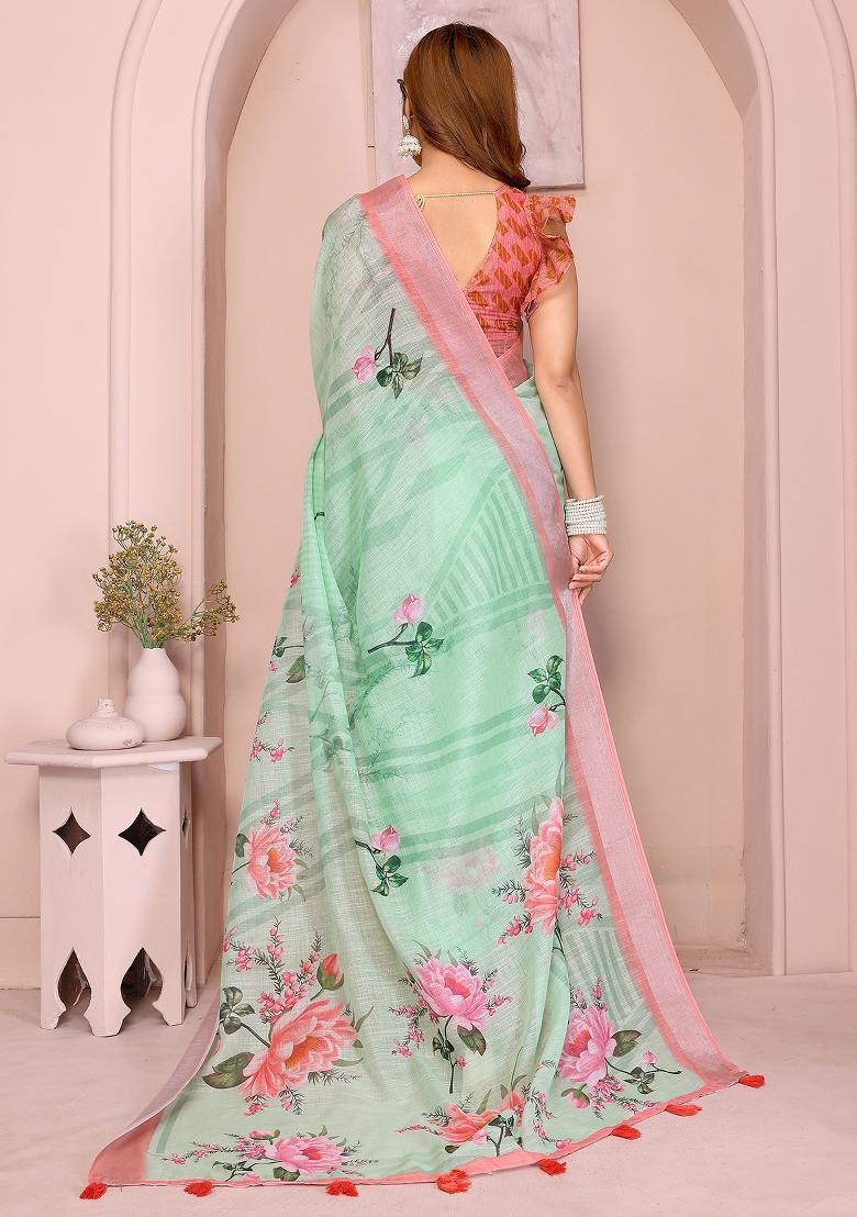 Green Printed Linen Saree Set - Indya