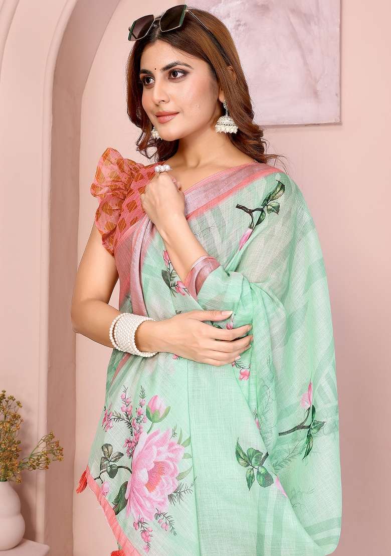 Green Printed Linen Saree Set - Indya