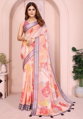 Peach Printed Linen Saree Set