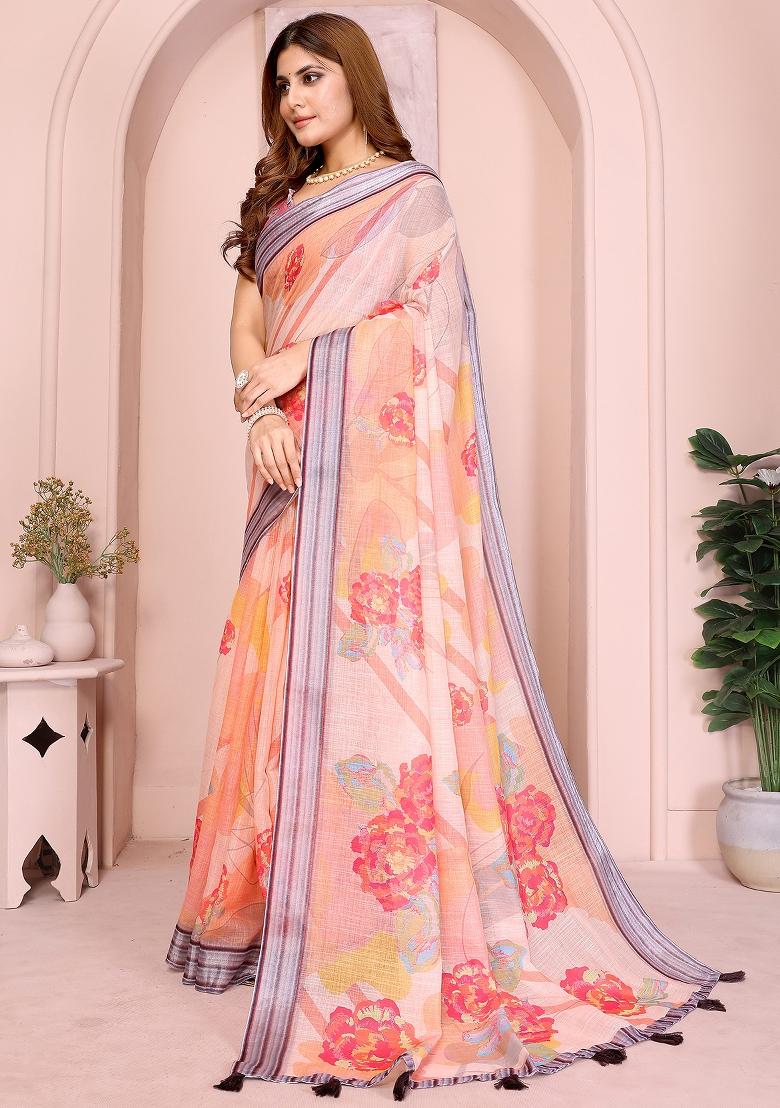 Peach Printed Linen Saree Set - Indya
