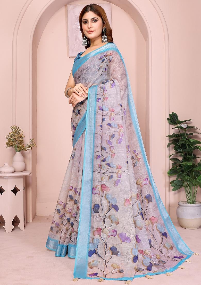 Pink Printed Linen Saree Set - Indya