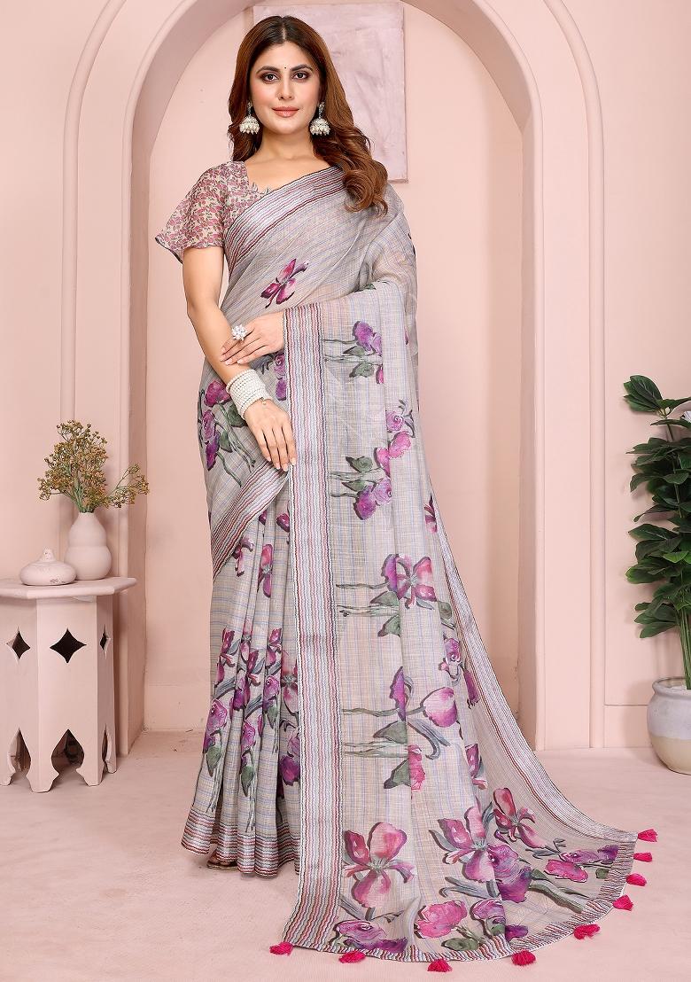 Rose Printed Linen Saree Set - Indya