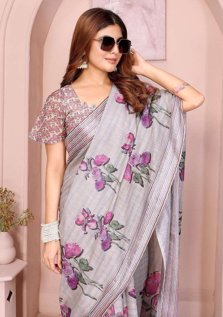 Rose Printed Linen Saree Set - Indya