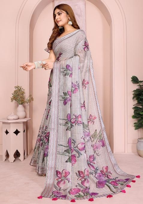 Rose Printed Linen Saree Set