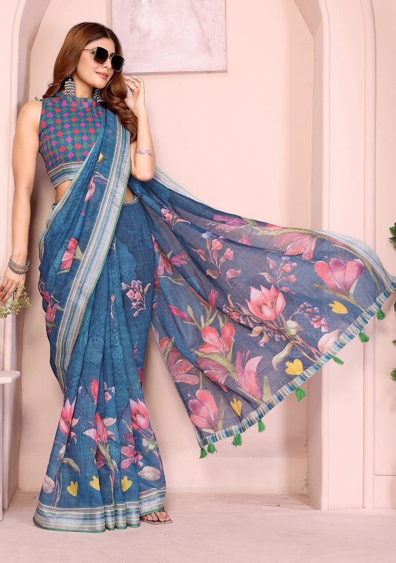 Teal Printed Linen Saree Set - Indya