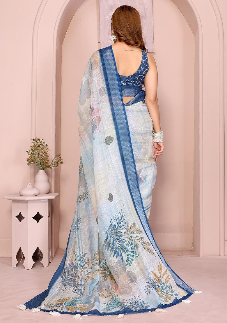 White Printed Linen Saree Set - Indya