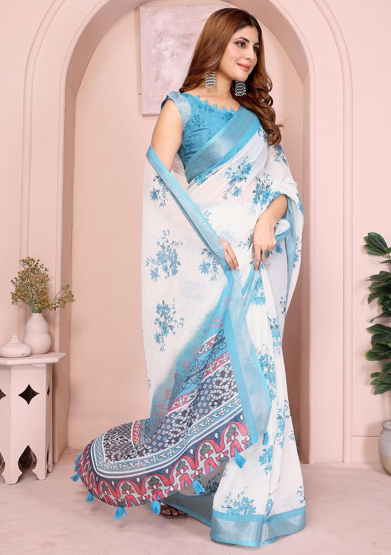 White Printed Linen Saree Set - Indya