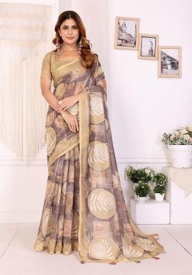 Beige Printed Chanderi Saree Set