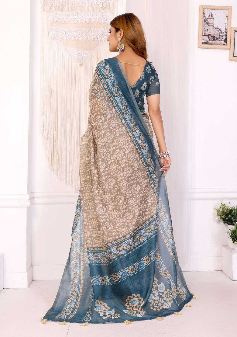 Beige Printed Chanderi Saree Set - Indya