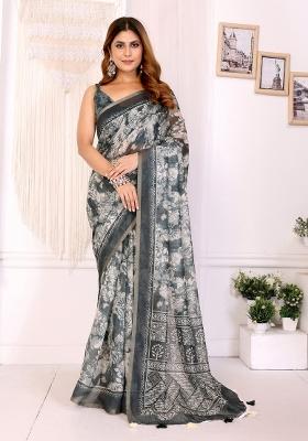 Black Printed Chanderi Saree Set
