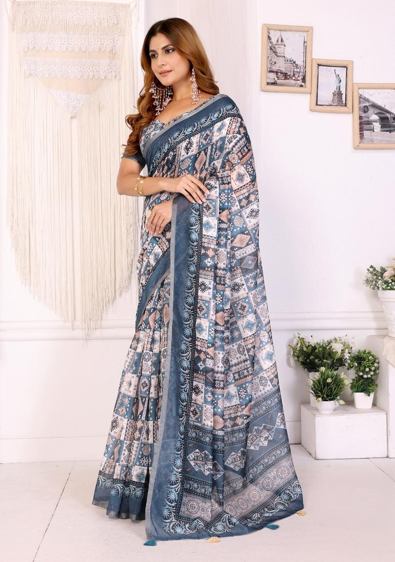 Blue Printed Chanderi Saree Set - Indya