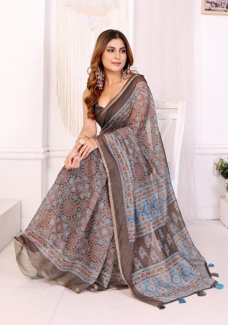 Brown Printed Chanderi Saree Set - Indya
