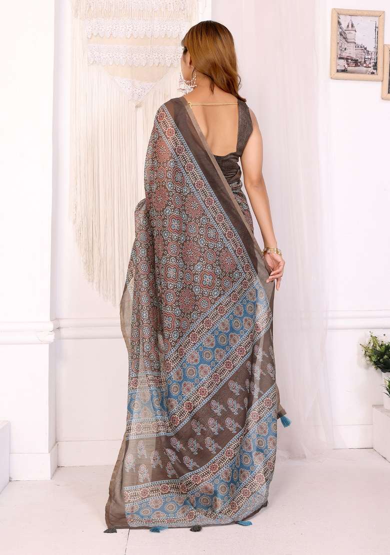 Brown Printed Chanderi Saree Set - Indya