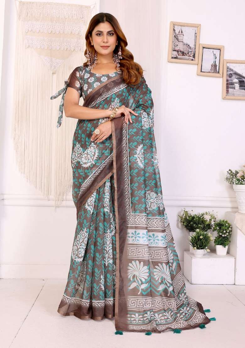 Brown Printed Chanderi Saree Set - Indya