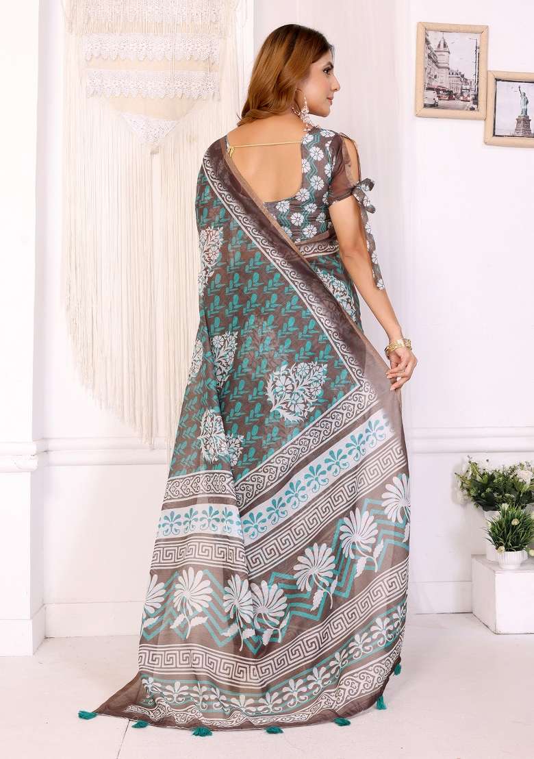 Brown Printed Chanderi Saree Set - Indya