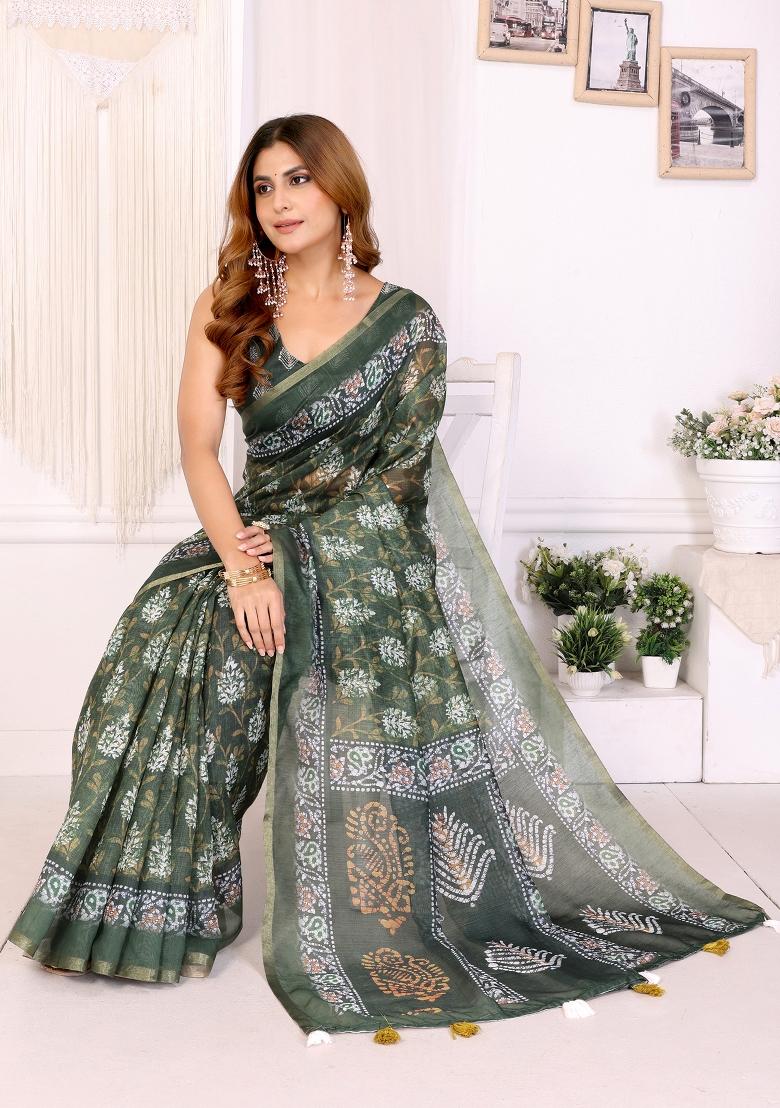 Dark Green Printed Chanderi Saree Set - Indya