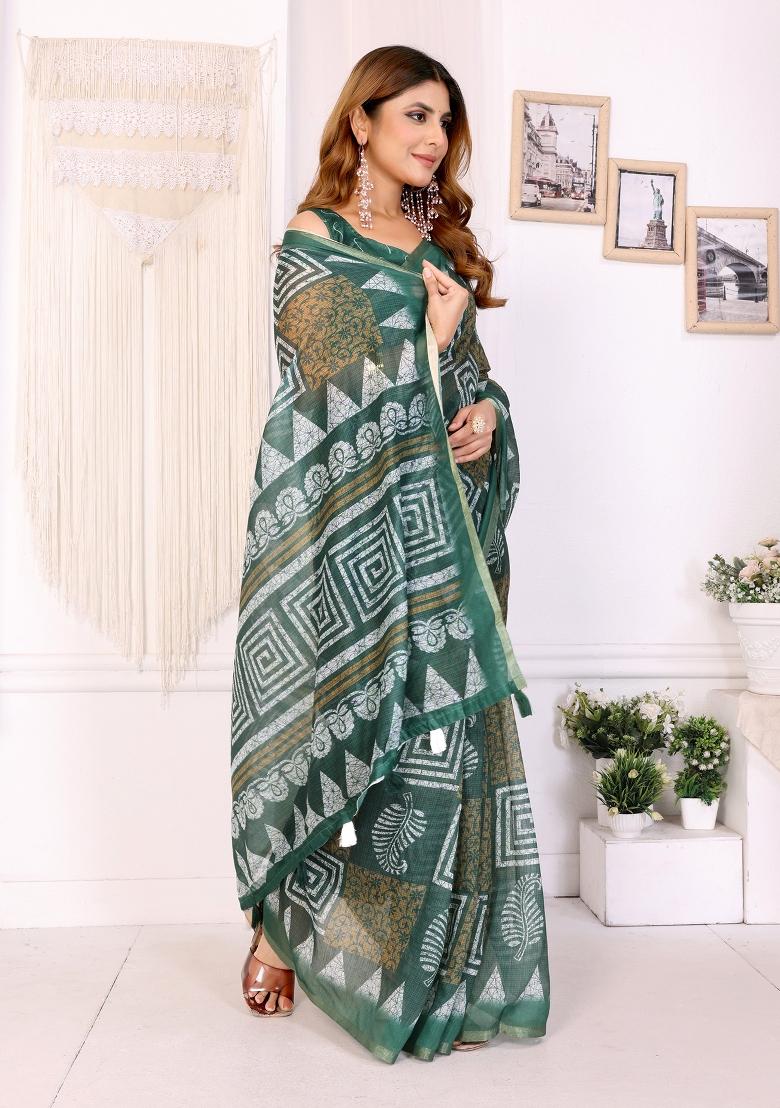 Green Printed Chanderi Saree Set - Indya