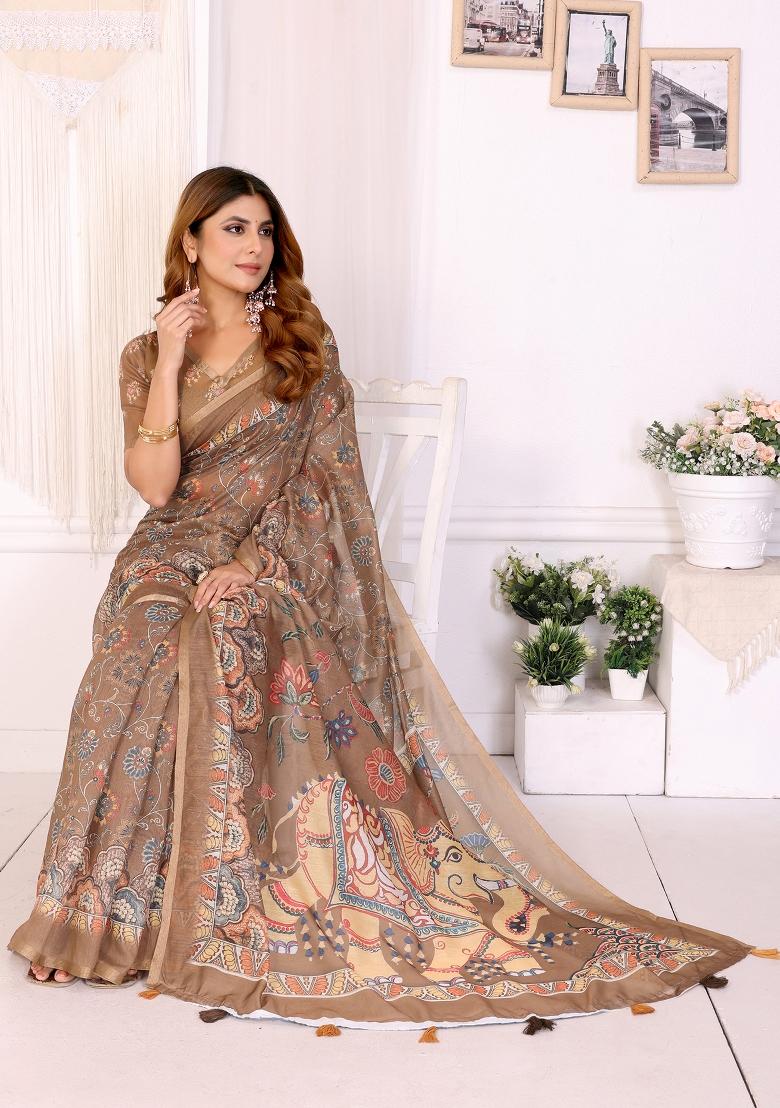 Mustard Printed Chanderi Saree Set - Indya