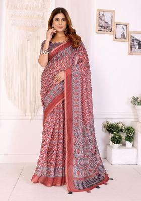 Red Printed Chanderi Saree Set