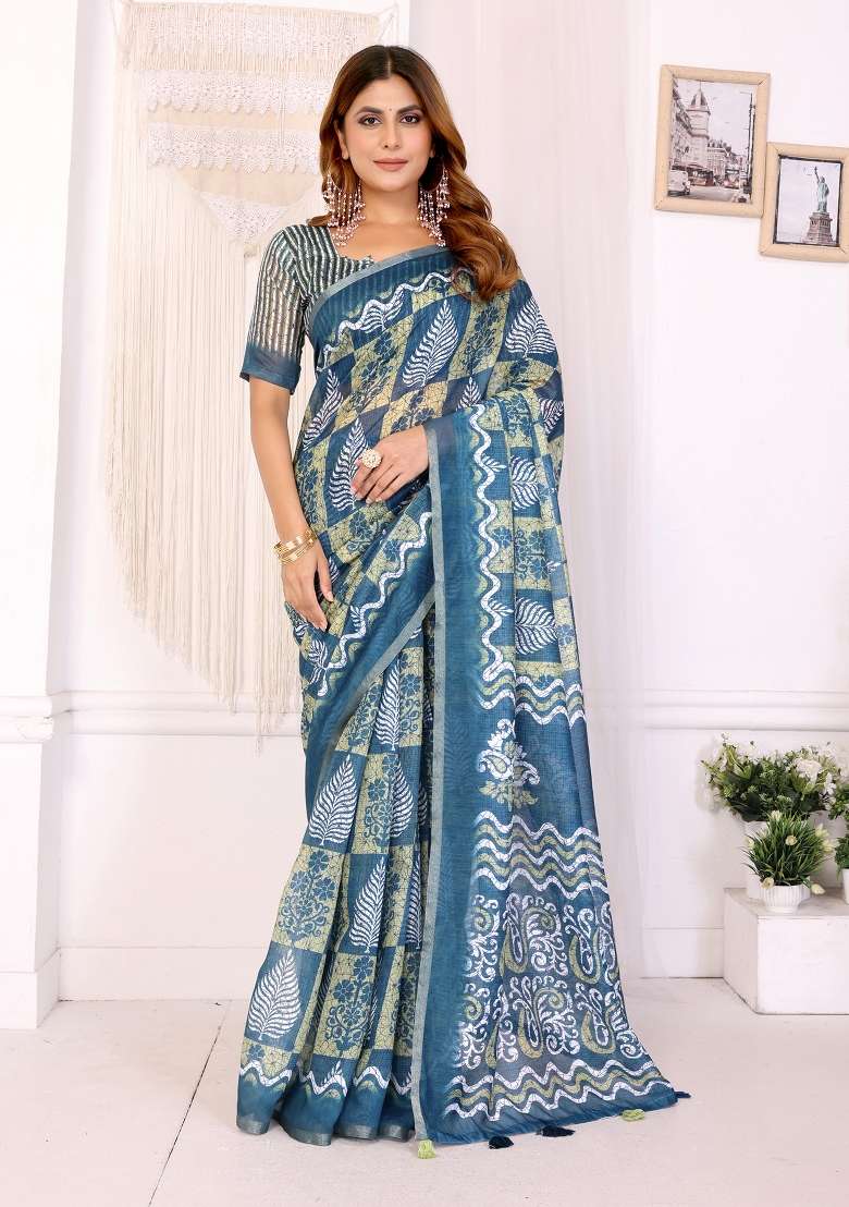 Teal Printed Chanderi Saree Set - Indya