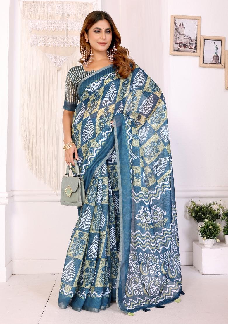 Teal Printed Chanderi Saree Set - Indya