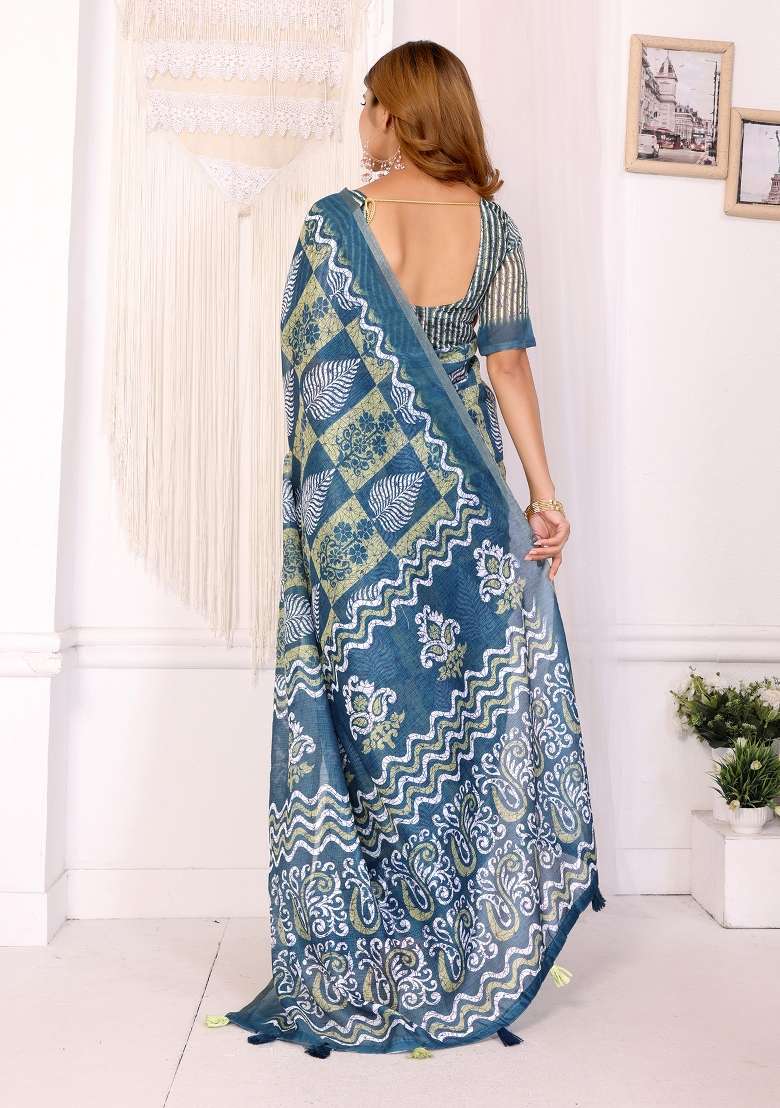 Teal Printed Chanderi Saree Set - Indya