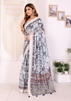 White Printed Chanderi Saree Set